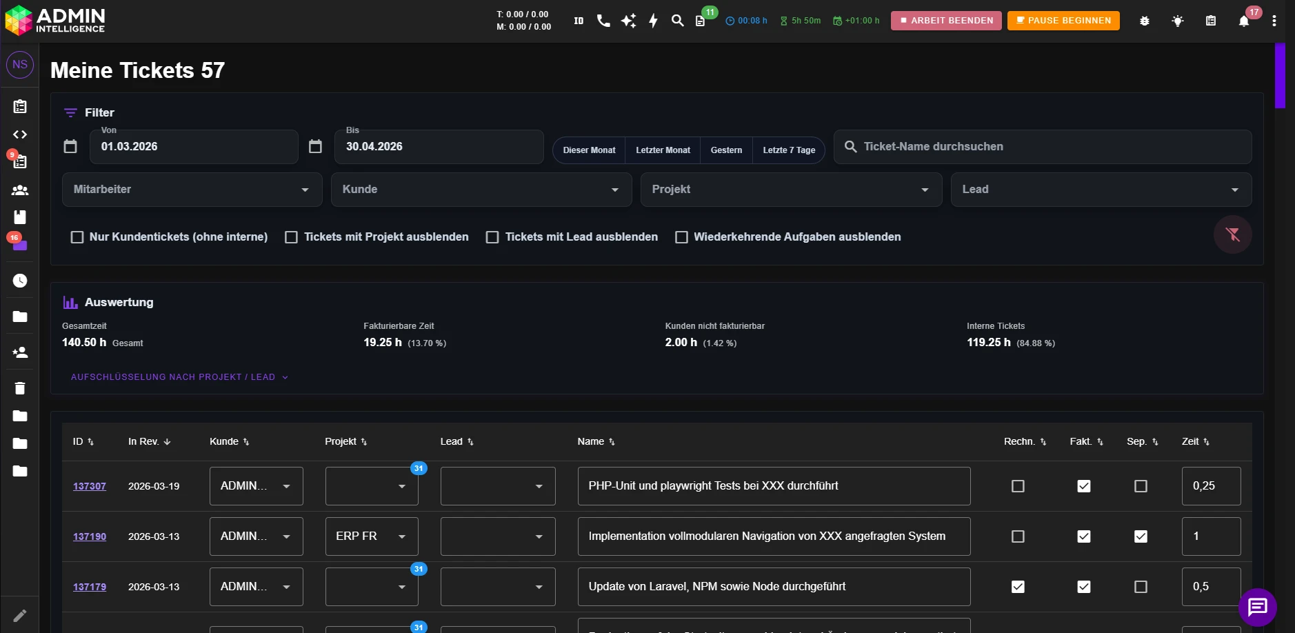 Screenshot des AI ERP Systems von Admin Intelligence