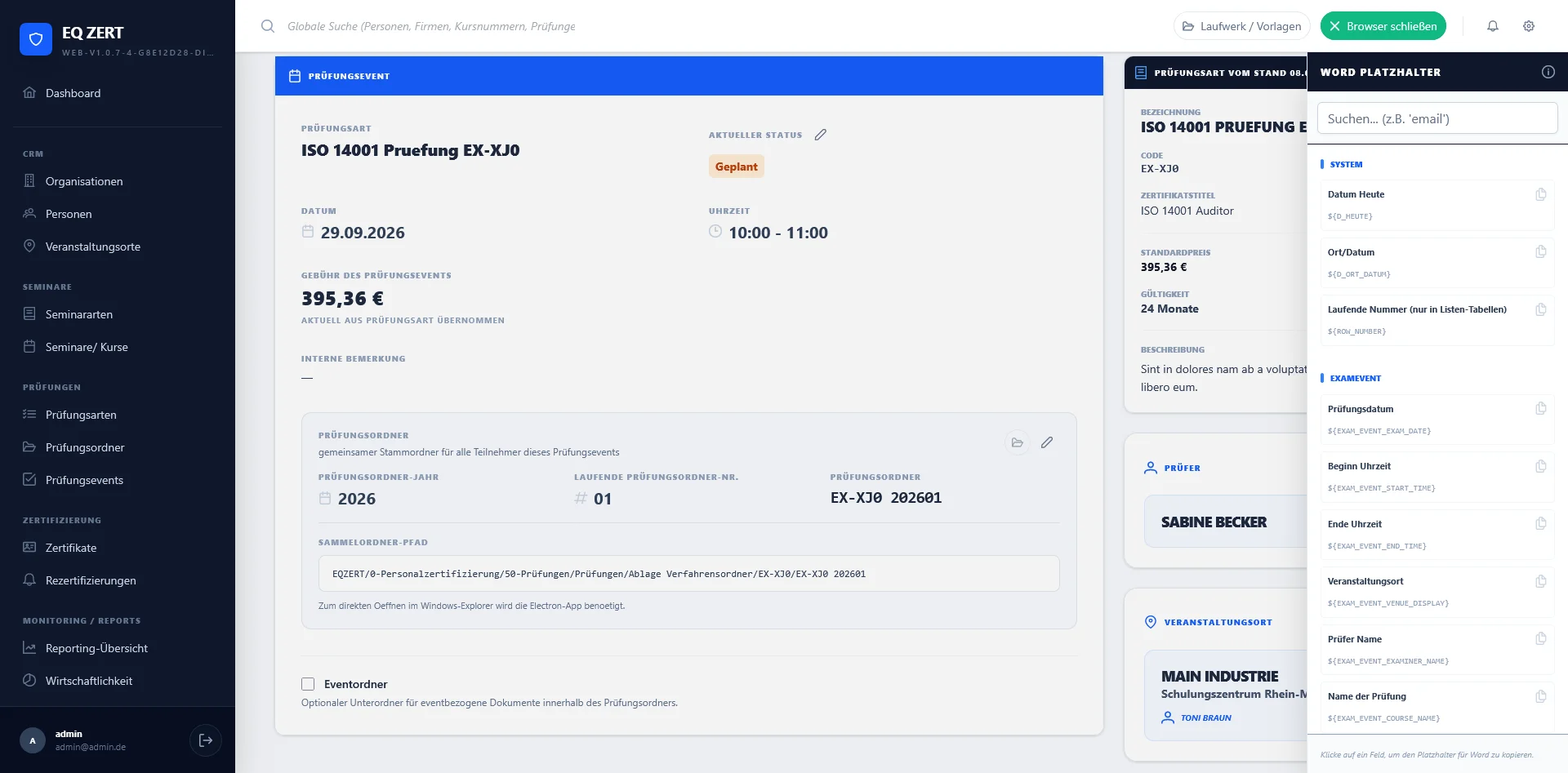 Screenshot der EQ Zert Zertifizierungsplattform